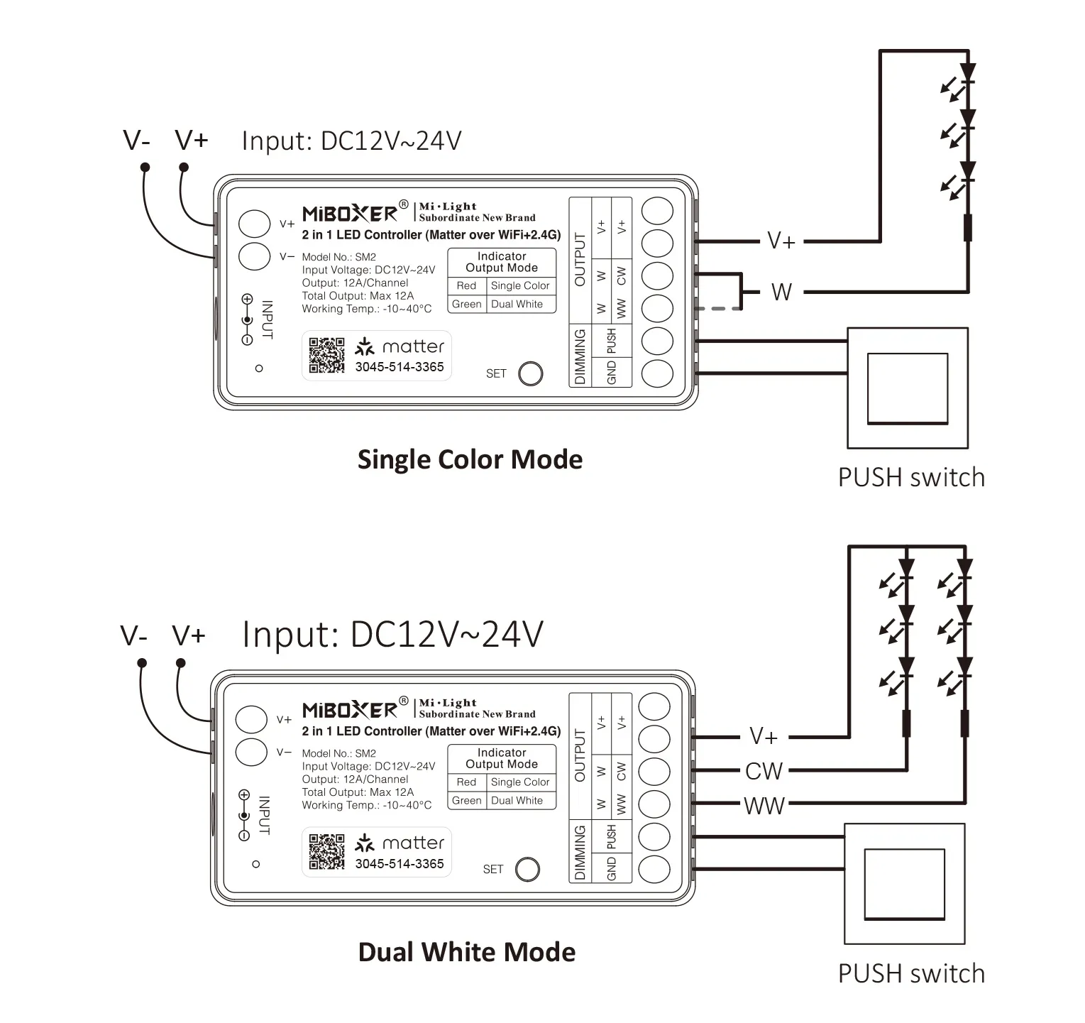 MiBoxer SM2 LED Controller Matter-Serie 2in1 Single colour/CCT(dual white) dim DC12/24V Matter Over WiFi+2.4GHz