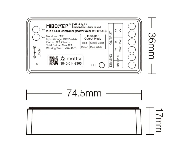 MiBoxer SM2 LED Controller Matter-Serie 2in1 Single colour/CCT(dual white) dim DC12/24V Matter Over WiFi+2.4GHz