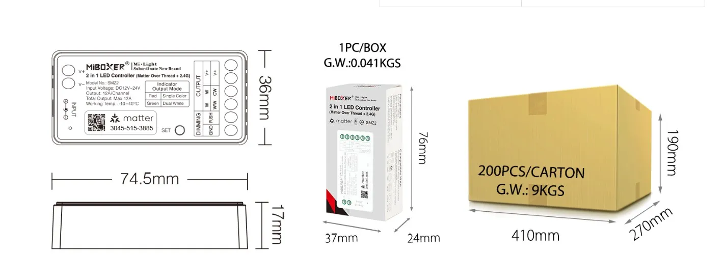 MiBoxer SM2 LED Controller Matter-Serie 2in1 Single colour/CCT(dual white) dim DC12/24V Matter Over Thread+2.4GHz MiBoxer SM2 LED Controller Matter-Serie 2in1 Single colour/CCT(dual white) dim DC12/24V Matter Over Thread+2.4GHz