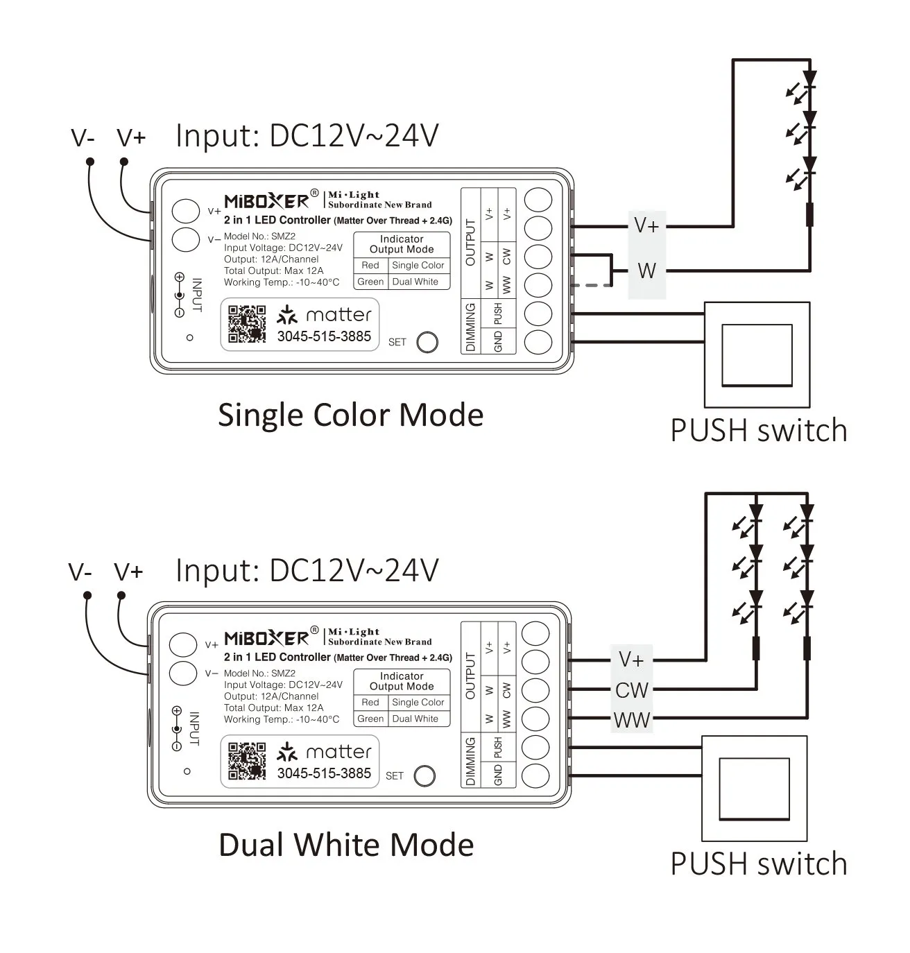 MiBoxer SM2 LED Controller Matter-Serie 2in1 Single colour/CCT(dual white) dim DC12/24V Matter Over Thread+2.4GHz MiBoxer SM2 LED Controller Matter-Serie 2in1 Single colour/CCT(dual white) dim DC12/24V Matter Over Thread+2.4GHz