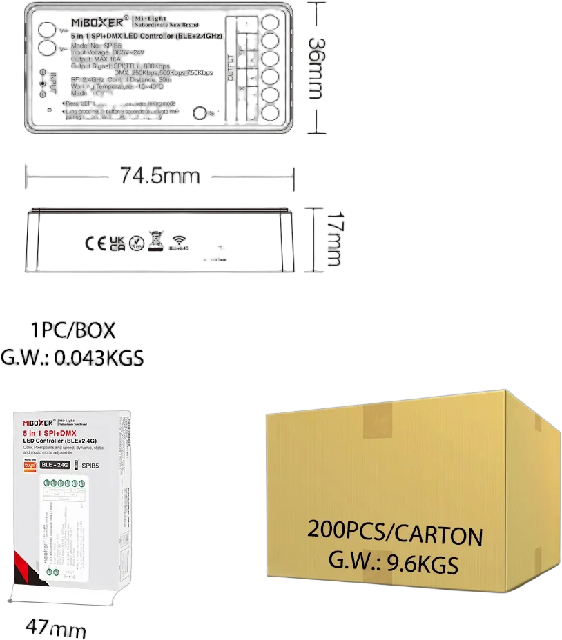 MiBoxer SPIB5 LED Pixel LED Controller SPI-Serie 5 in 1 SPI+DMX (2.4GHz+BLE)