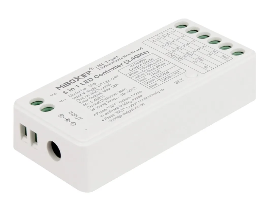 MiBoxer SR5 LED-Controller 5in1 RGB-WW DC12-24V mit WiFi und 2,4G für Alexa, weiße Steuerbox mit Anschlüssen für Eingangs- MiBoxer SR5 LED-Controller 5in1 RGB-WW DC12-24V mit WiFi und 2,4G für Alexa, weiße Steuerbox mit Anschlüssen für Eingangs-