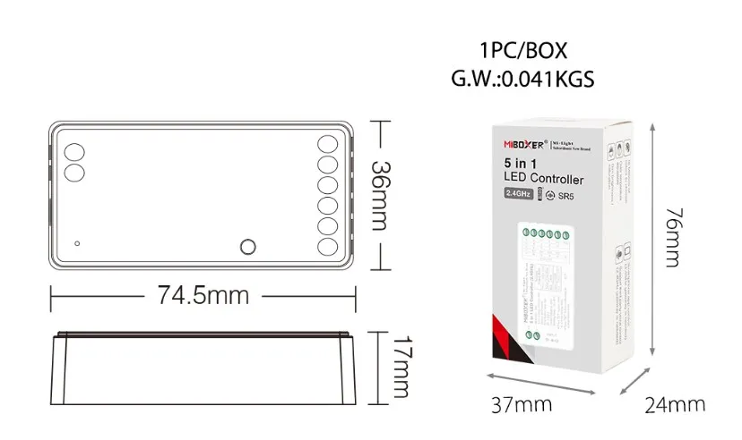 MiBoxer SR5 LED-Controller 5in1 RGB-WW (RGB-CCT) mit Abmessungen 74,5x36x17mm und Verpackung 76x37x24mm in technischer MiBoxer SR5 LED-Controller 5in1 RGB-WW (RGB-CCT) mit Abmessungen 74,5x36x17mm und Verpackung 76x37x24mm in technischer