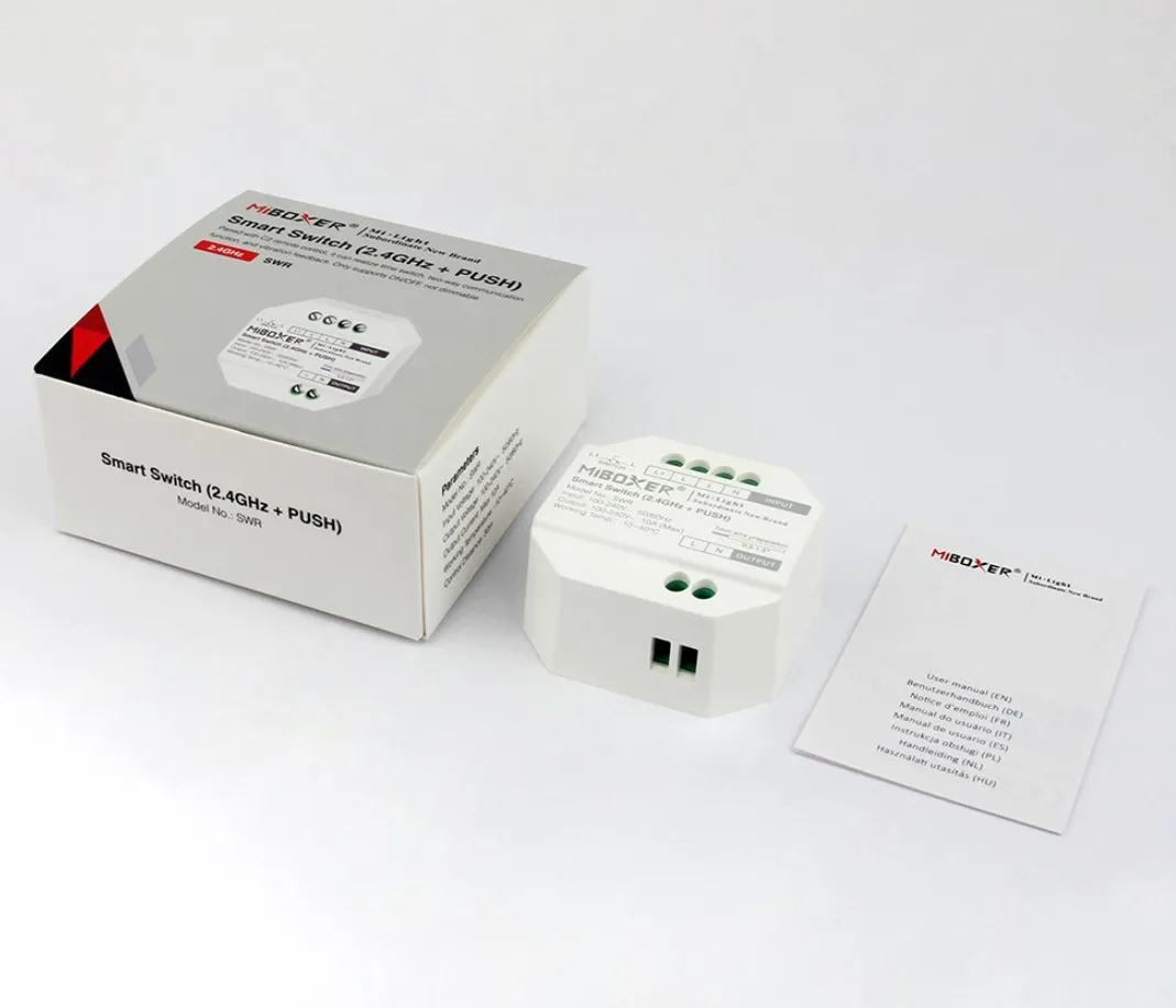 MiBoxer SWR Smart Switch 2,4G + Push Funk-Schaltermodul mit Verpackung und Anleitung, weiße Terminalblöcke und technische MiBoxer SWR Smart Switch 2,4G + Push Funk-Schaltermodul mit Verpackung und Anleitung, weiße Terminalblöcke und technische