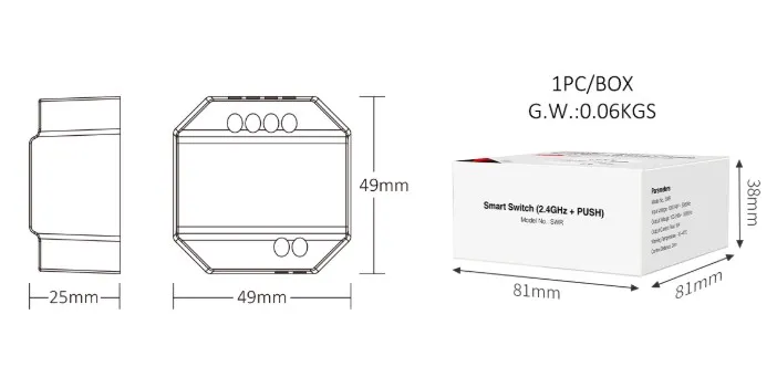 MiBoxer SWR Smart Switch 2,4G + Push Funk-Schaltermodul mit Maßzeichnungen von Modul (25x49 mm) und Verpackung (81x81x38 MiBoxer SWR Smart Switch 2,4G + Push Funk-Schaltermodul mit Maßzeichnungen von Modul (25x49 mm) und Verpackung (81x81x38