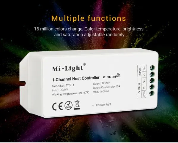 MiBoxer SYS-T1 LED-Ein-Kanal-Host-Controller mit 2,4G RF und DC24V-Eingang vor farbigem Licht-Hintergrund für 16 Mio. Farben. MiBoxer SYS-T1 LED-Ein-Kanal-Host-Controller mit 2,4G RF und DC24V-Eingang vor farbigem Licht-Hintergrund für 16 Mio. Farben.