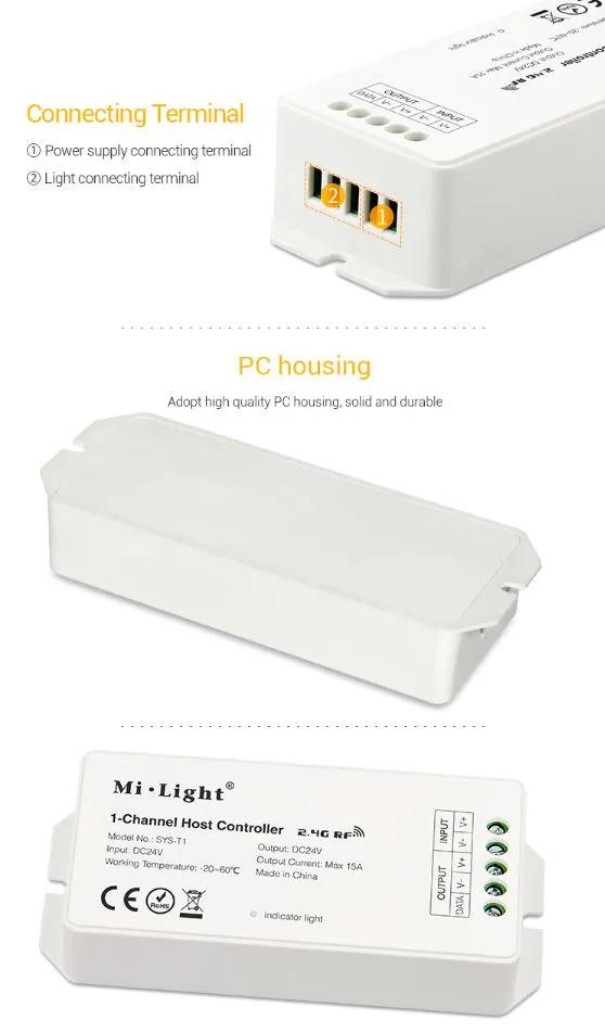 MiBoxer SYS-T1 LED-Ein-Kanal-Host-Controller mit drei Ansichten: Schraubklemmen, Gehäuse und Modellnummer auf weißem Gehäuse. MiBoxer SYS-T1 LED-Ein-Kanal-Host-Controller mit drei Ansichten: Schraubklemmen, Gehäuse und Modellnummer auf weißem Gehäuse.