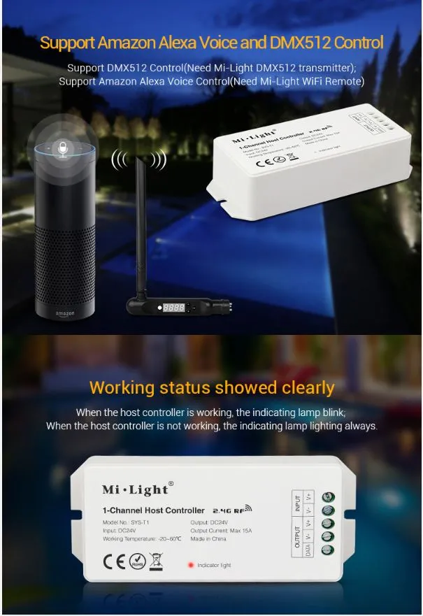 MiBoxer SYS-T1 LED-Ein-Kanal-Steuergerät mit Amazon Echo-Kompatibilität, Antennenfernbedienung und Anschlussklemmen im MiBoxer SYS-T1 LED-Ein-Kanal-Steuergerät mit Amazon Echo-Kompatibilität, Antennenfernbedienung und Anschlussklemmen im