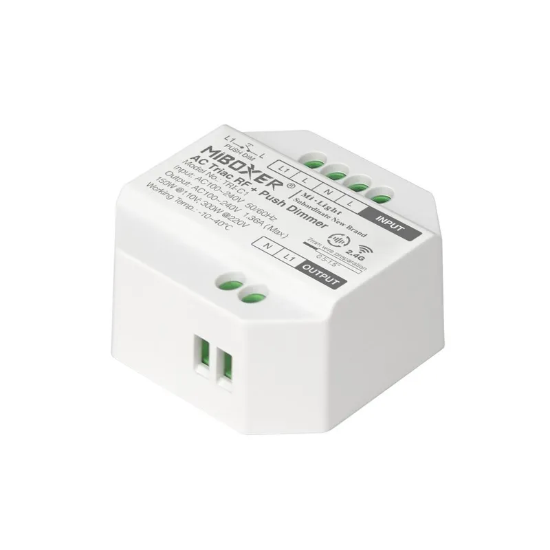 MiBoxer TRI-C1 LED-диммер с TRIAC и RF+Push, белый контроллер с клеммами INPUT/OUTPUT и техническими метками для