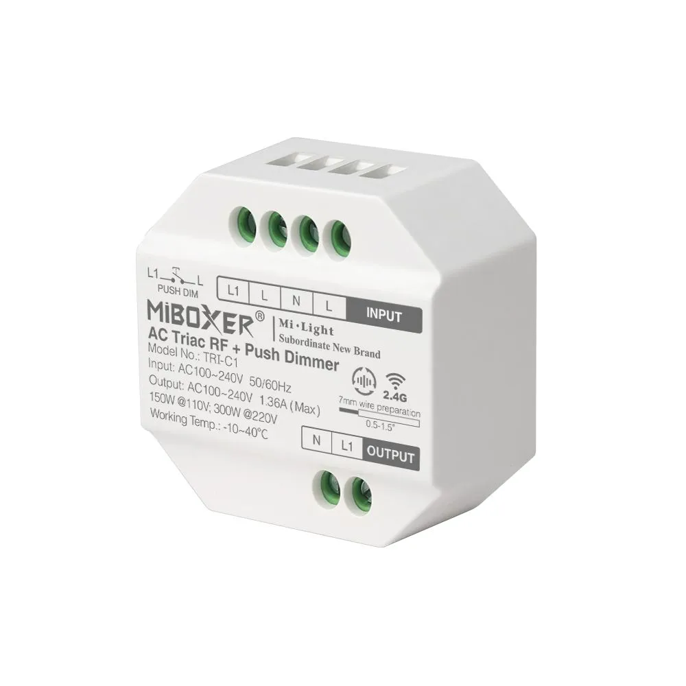 MiBoxer TRI-C1 LED-диммер TRIAC RF+Push с гексагональным корпусом, клеммами входа/выхода и символом 2.4G на передней панели.