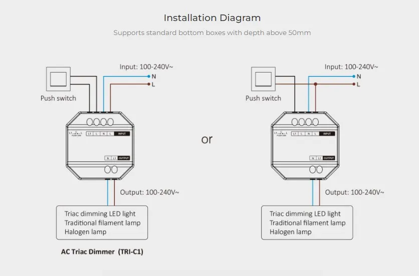 MiBoxer TRI-C1 TRIAC-диммер для LED, схема подключения к сети 100-240В и кнопке для регулировки яркости ламп.