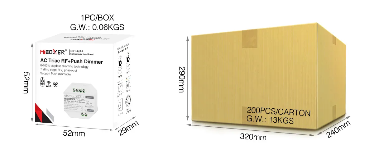 МиBoxer TRI-C1 TRIAC диммер в белой упаковке 52x52x29 мм рядом с коробом 320x240x290 мм на 200 шт.