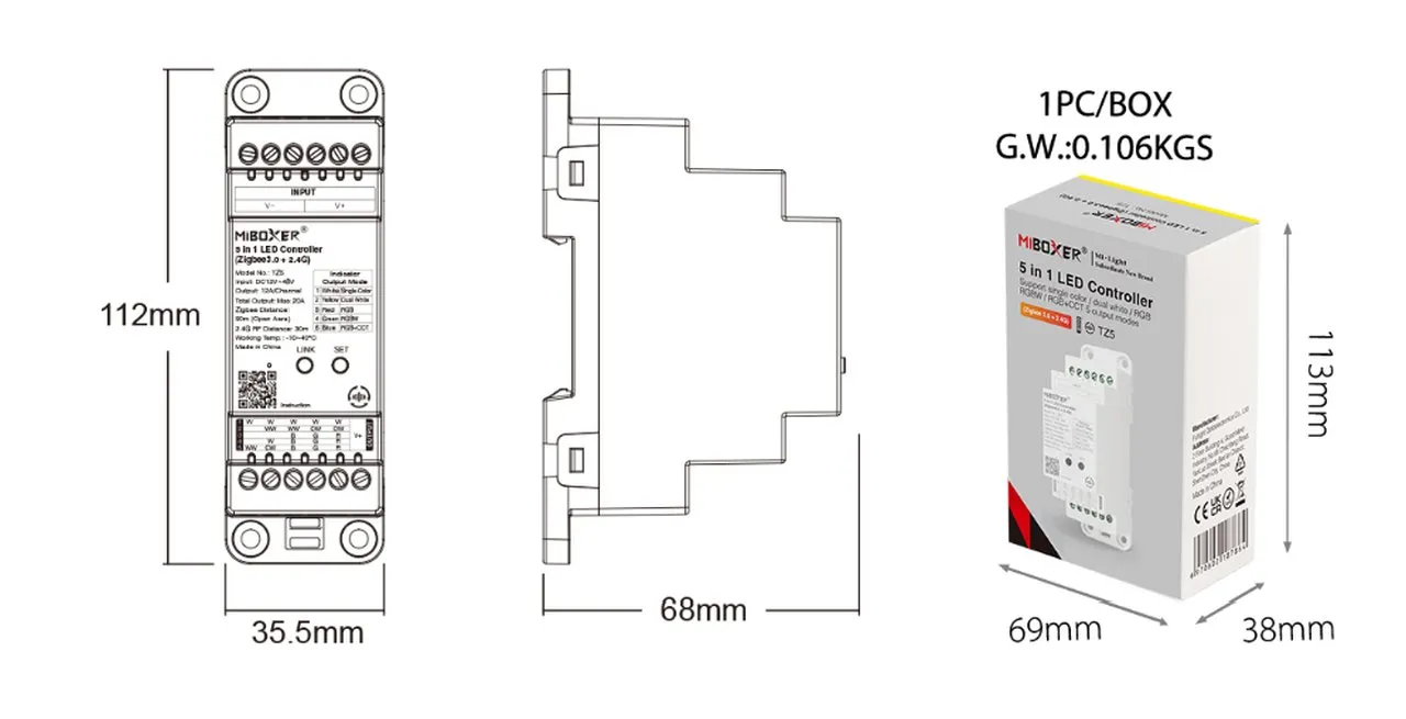 Synergy 21 LED Controller 5 in 1 Track LED Controller Single colour/CCT/RGB/RGB-W/RGB-WW) DC12/24V ZigBee 3.0+2.4GHz *Milight/Miboxer*