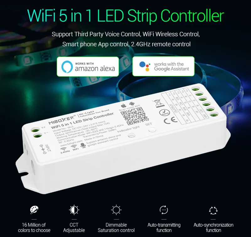 MiBoxer WL5 LED Controller 5in1 RGB-WW (RGB-CCT) DC12~24V WiFi + 2.4G Alexa Serie