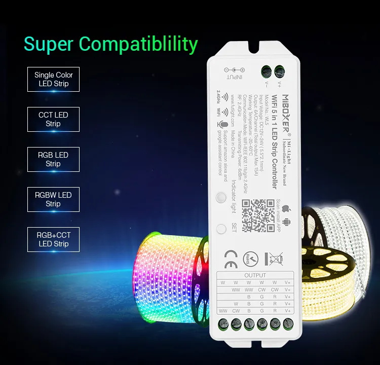 MiBoxer WL5 LED Controller 5in1 RGB-WW (RGB-CCT) DC12~24V WiFi + 2.4G Alexa Serie