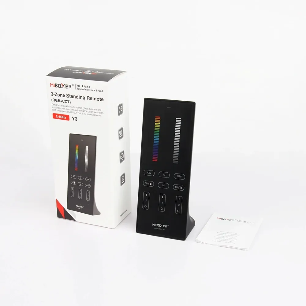 MiBoxer Y3-W LED remote control with 2.4GHz RGB-WW 3-zone vertical design shown next to its white product box and