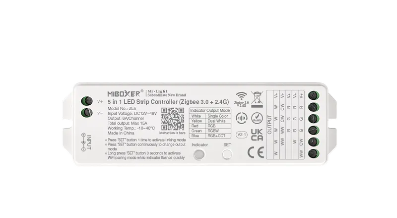 Controller LED MiBoxer ZL5 5in1 RGB-WW DC12~48V Zigbee 3.0 con etichetta tecnica, QR code e morsetti verdi per