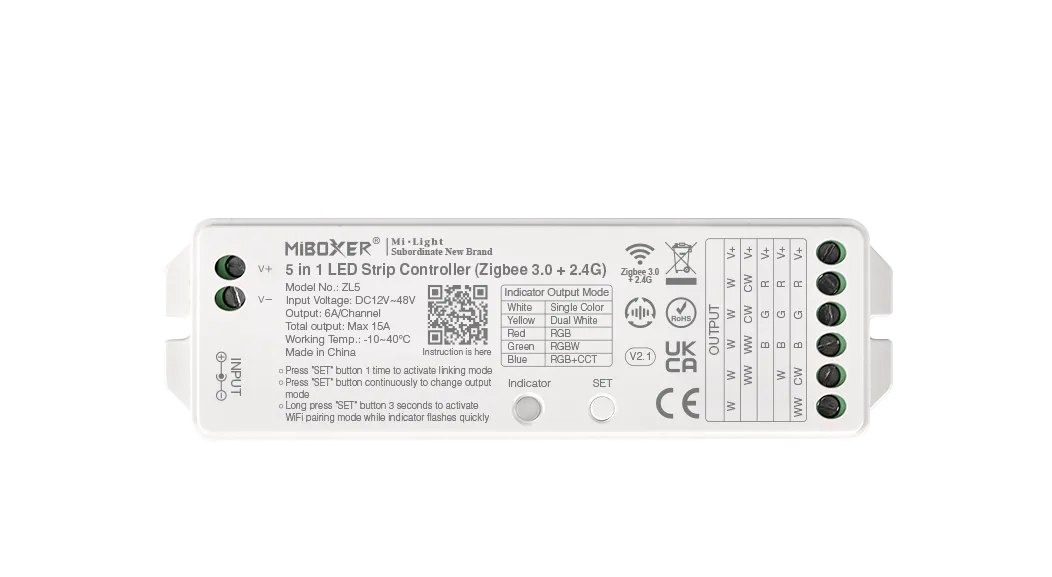 MiBoxer ZL5 LED Controller 5in1 RGB-WW mit QR-Code und Anschlussplan auf weißem Gehäuse mit grünen Schraubklemmen für MiBoxer ZL5 LED Controller 5in1 RGB-WW mit QR-Code und Anschlussplan auf weißem Gehäuse mit grünen Schraubklemmen für