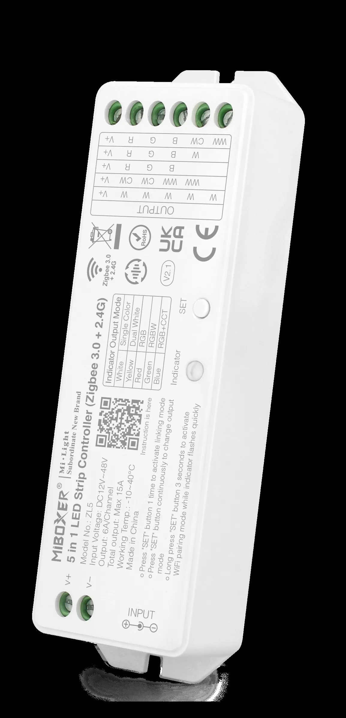 MiBoxer ZL5 LED Controller 5in1 RGB-WW Rückansicht mit Anschlussklemmen, QR-Code und Verdrahtungshinweisen für Zigbee 3.0 MiBoxer ZL5 LED Controller 5in1 RGB-WW Rückansicht mit Anschlussklemmen, QR-Code und Verdrahtungshinweisen für Zigbee 3.0