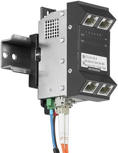 Microsens Gigabit Ethernet ruggedized Micro-Switch, Hutschiene, vertikal, PoE+, 4xRJ45, 2xSFP, MS440217PMXH-48G6+