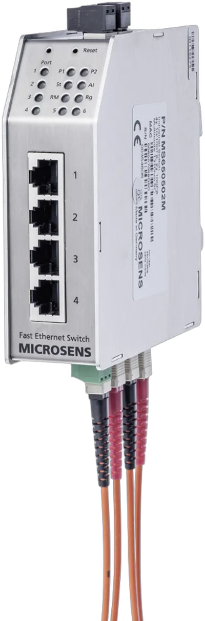 Microsens Industrie 6 Port Fast Ethernet Switch mit Ring-Funktion, 2 x ST duplex (Multimode), 4 x RJ45, MS650501M