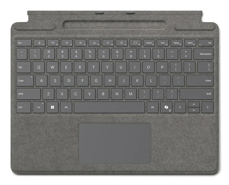 Microsoft Surface Pro Type Cover mit Speicher in Platin, flach liegende Tastatur mit QWERTZ-Layout und Touchpad auf weißem