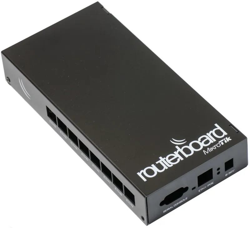 Custodia metallica nera Mikrotik RB493 per routerboard con 9 porte Ethernet, porta seriale, ETH1/PoE e ingresso DC per