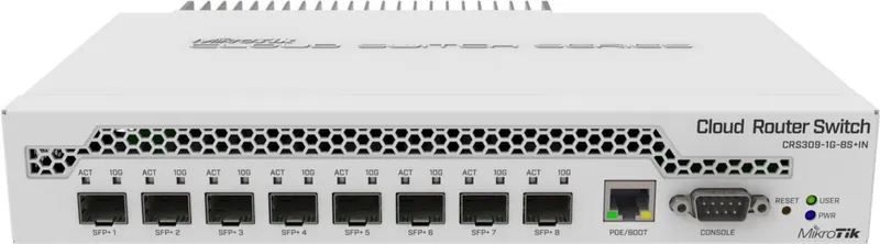 MikroTik CRS309-1G-8S+IN, switch de red con 8 puertos SFP+ y 1 Gigabit en vista frontal con LEDs y etiquetas de estado.