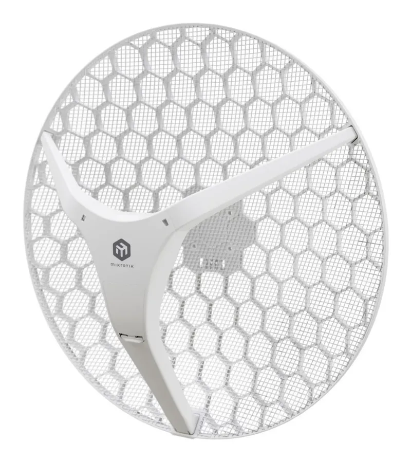 MikroTik LHG XL 5 ax Richtfunkantenne mit 27 dBi, weiße Gitterantenne mit hexagonalem Muster und zentralem MikroTik-Logo