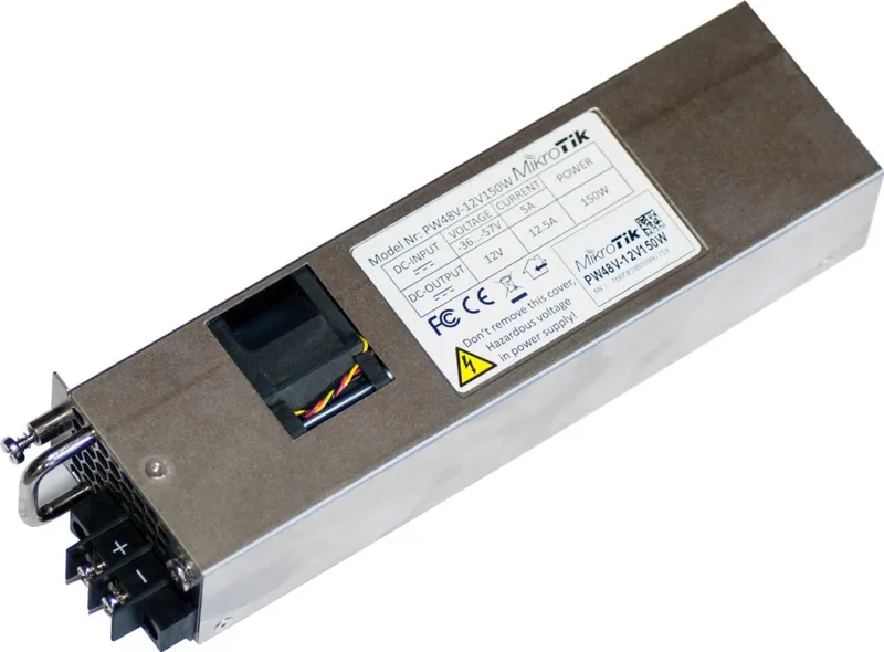 Alimentatore MikroTik Hot Swap 12V 150W -48V DC per telecomunicazioni, unità argento con terminali neri e etichetta tecnica