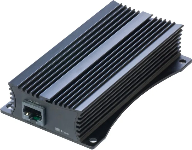 Convertidor MikroTiK RBGPOE-CON-HP de 48V a 24V con disipador de calor y puerto RJ45 para salida PoE Gigabit.