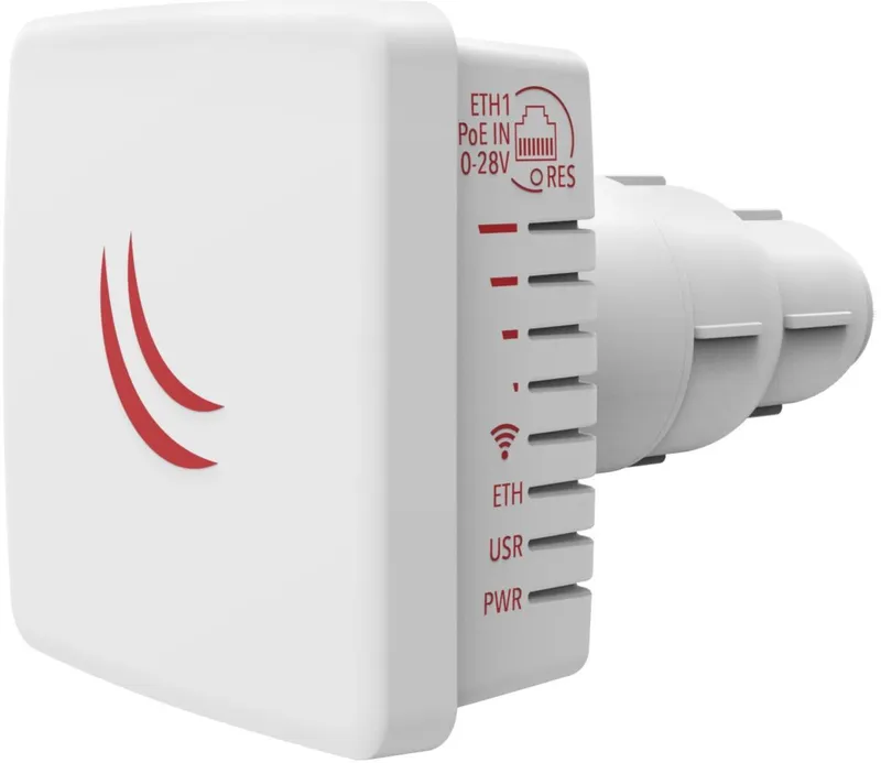Dispositivo MikroTiK LDF 5 con antena 5GHz 9dBi integrado, panel frontal blanco y logo rojo curvo, conectores PoE y luces