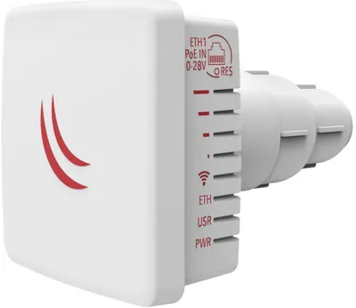 Dispositivo MikroTiK LDF 5 con antena 5GHz 9dBi integrado, panel frontal blanco y logo rojo curvo, conectores PoE y luces Dispositivo MikroTiK LDF 5 con antena 5GHz 9dBi integrado, panel frontal blanco y logo rojo curvo, conectores PoE y luces