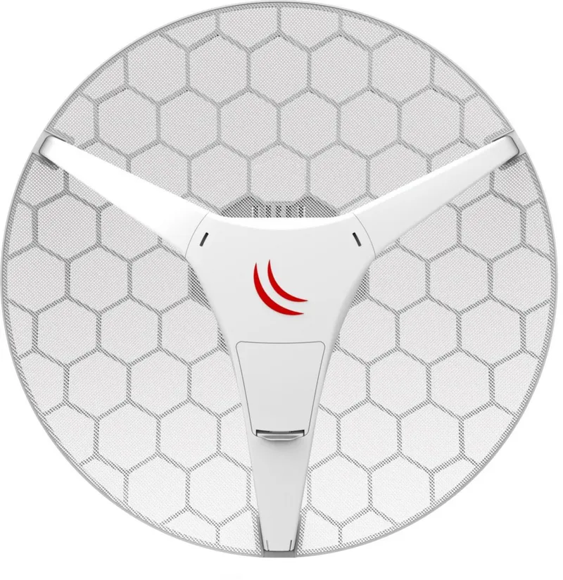 Antennna MikroTik Wireless Wire Dish RBLHGG-60ad con parabola bianca a nido d’ape, supporto a Y centrale con logo rosso e