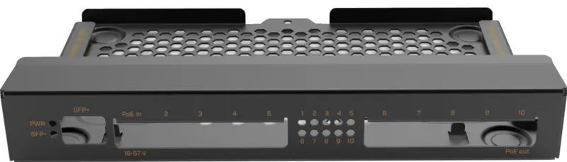 MikroTik Wall Mount Kit für RB4011 mit schwarzem Metallrahmen, Aussparungen für SFP+, PoE-In, 10 Ethernet-Ports und