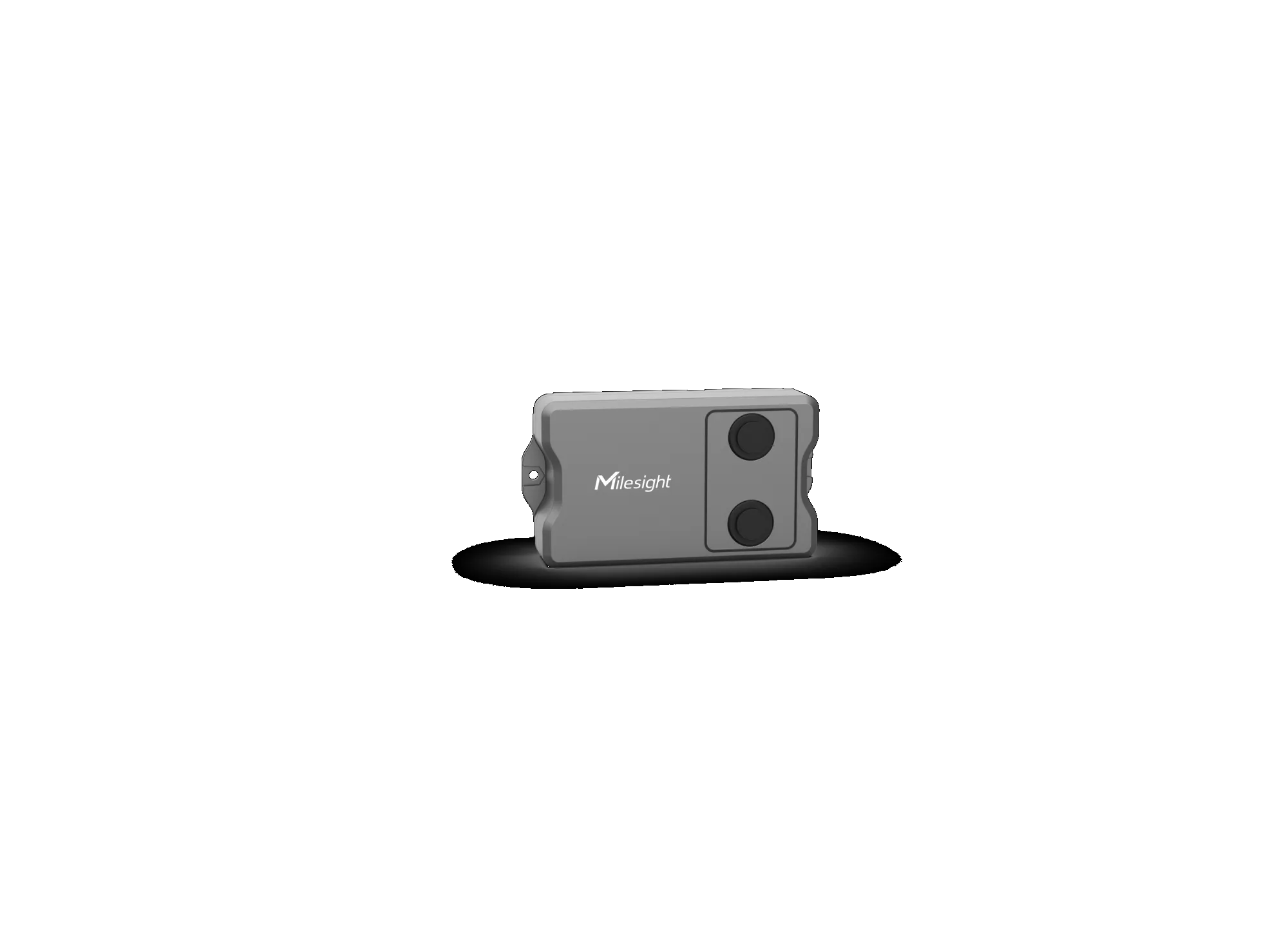 Sensor IoT Milesight EM400-MUD-868M de medición ultrasónica con carcasa gris, logo blanco y dos transductores circulares Sensor IoT Milesight EM400-MUD-868M de medición ultrasónica con carcasa gris, logo blanco y dos transductores circulares
