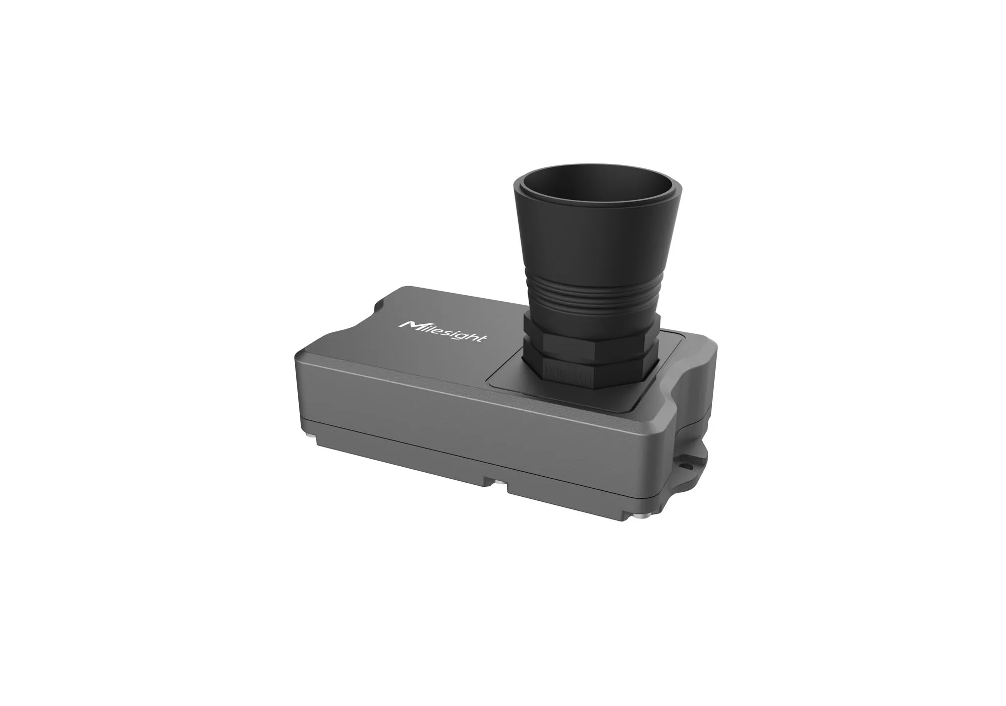 Sensore di distanza/livello ultrasonico Milesight EM400-UDL-N03GL-W100 NB-IoT, dispositivo grigio con logo e trasduttore Sensore di distanza/livello ultrasonico Milesight EM400-UDL-N03GL-W100 NB-IoT, dispositivo grigio con logo e trasduttore