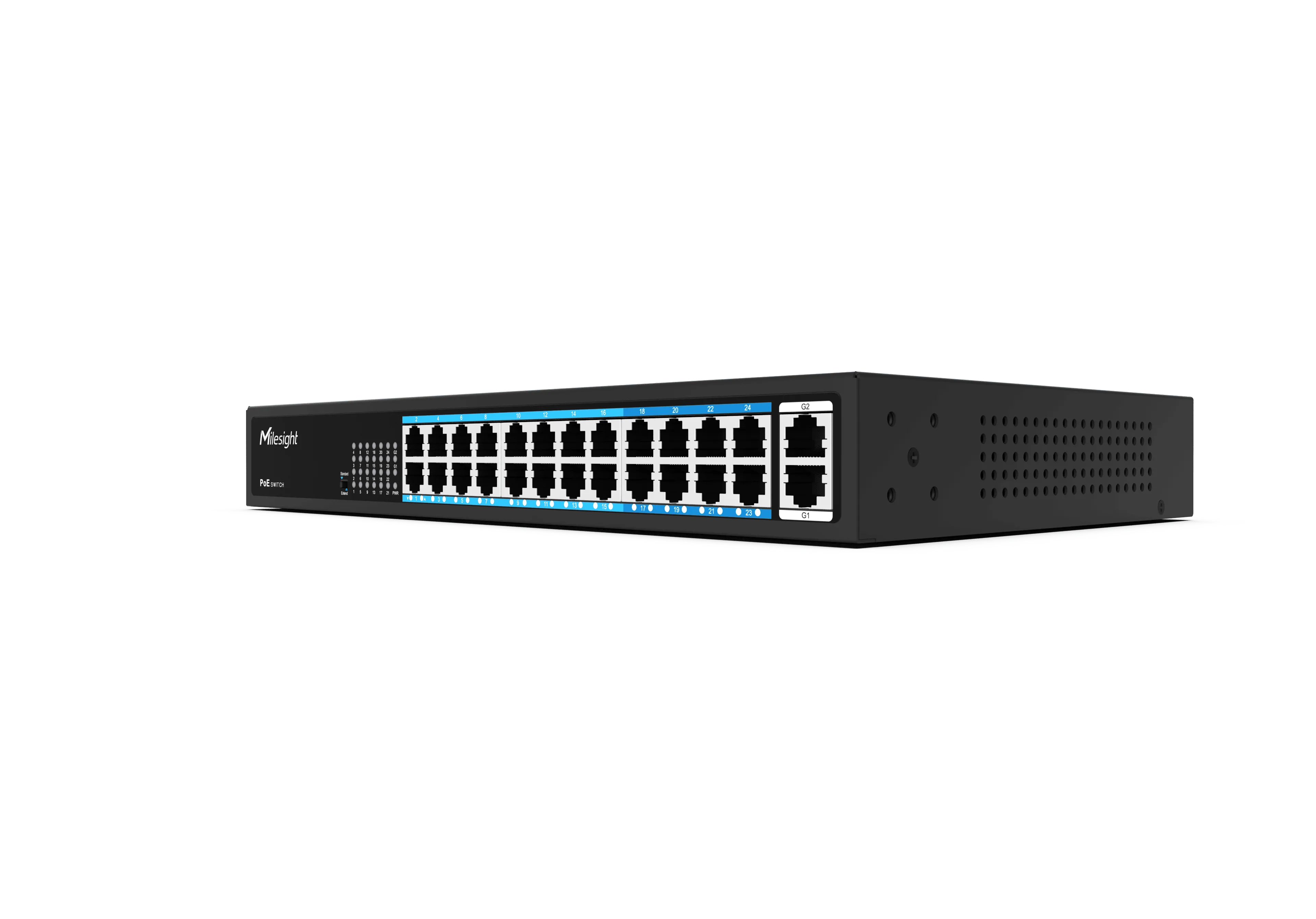 Commutateur PoE Milesight 24 ports MS-S0224-GL en vue 3/4 montrant façade avant avec 24 ports RJ45, voyants LED et ports Commutateur PoE Milesight 24 ports MS-S0224-GL en vue 3/4 montrant façade avant avec 24 ports RJ45, voyants LED et ports
