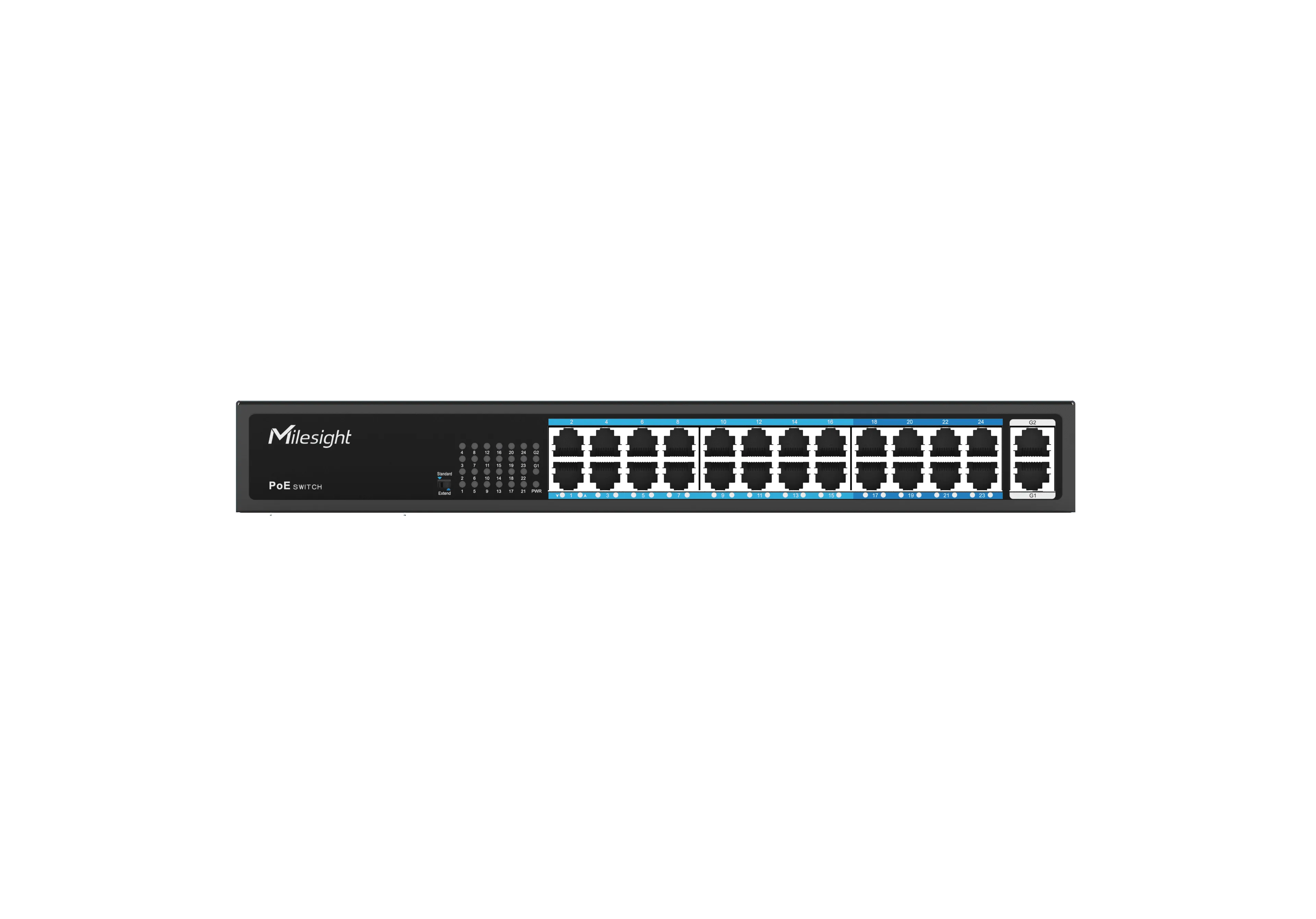 Commutateur PoE Milesight 24 ports MS-S0224-GL en vue frontale noir avec logo, 24 ports Ethernet et 2 ports SFP, voyants Commutateur PoE Milesight 24 ports MS-S0224-GL en vue frontale noir avec logo, 24 ports Ethernet et 2 ports SFP, voyants