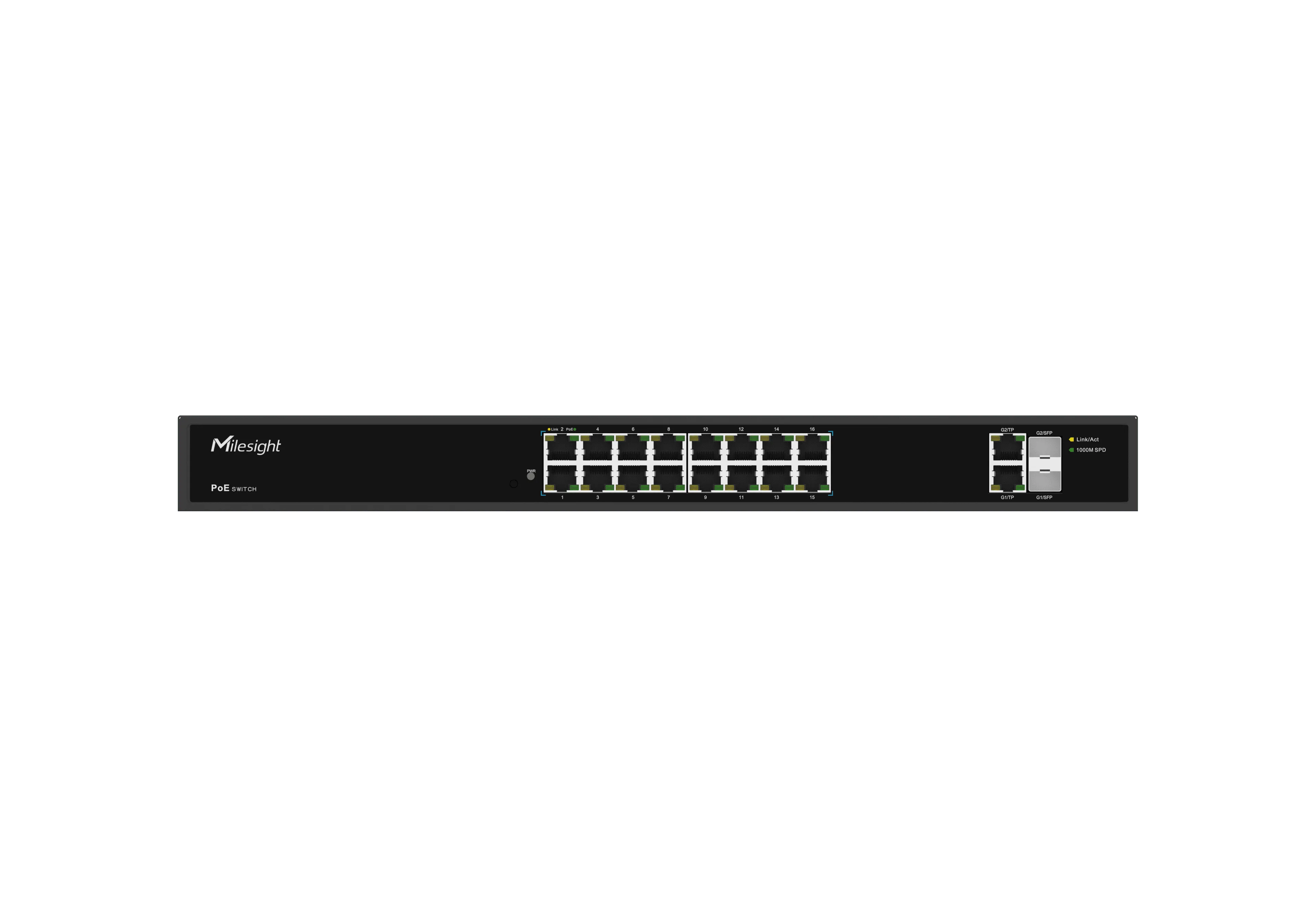 Switch PoE Milesight MS-S0416-GF 16 porte SFP con 16 RJ45 in due file, 2 slot SFP e logo aziendale su render frontale nero.