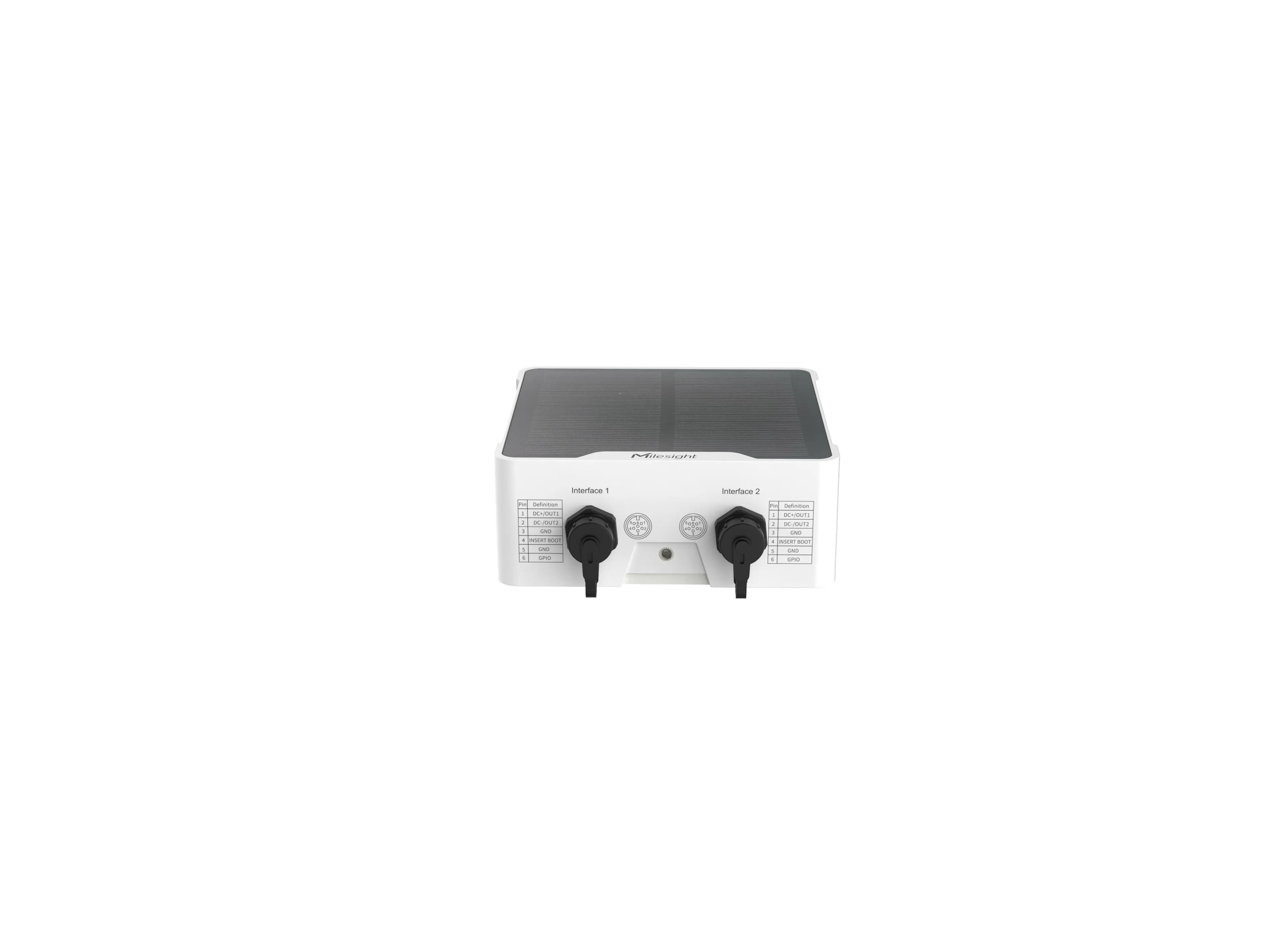 Milesight IoT Solenoid Valve Controller UC511-DI-868M LoRaWAN mit weißem Gehäuse, Frontansicht mit Anschlüssen, Kabeln und Milesight IoT Solenoid Valve Controller UC511-DI-868M LoRaWAN mit weißem Gehäuse, Frontansicht mit Anschlüssen, Kabeln und