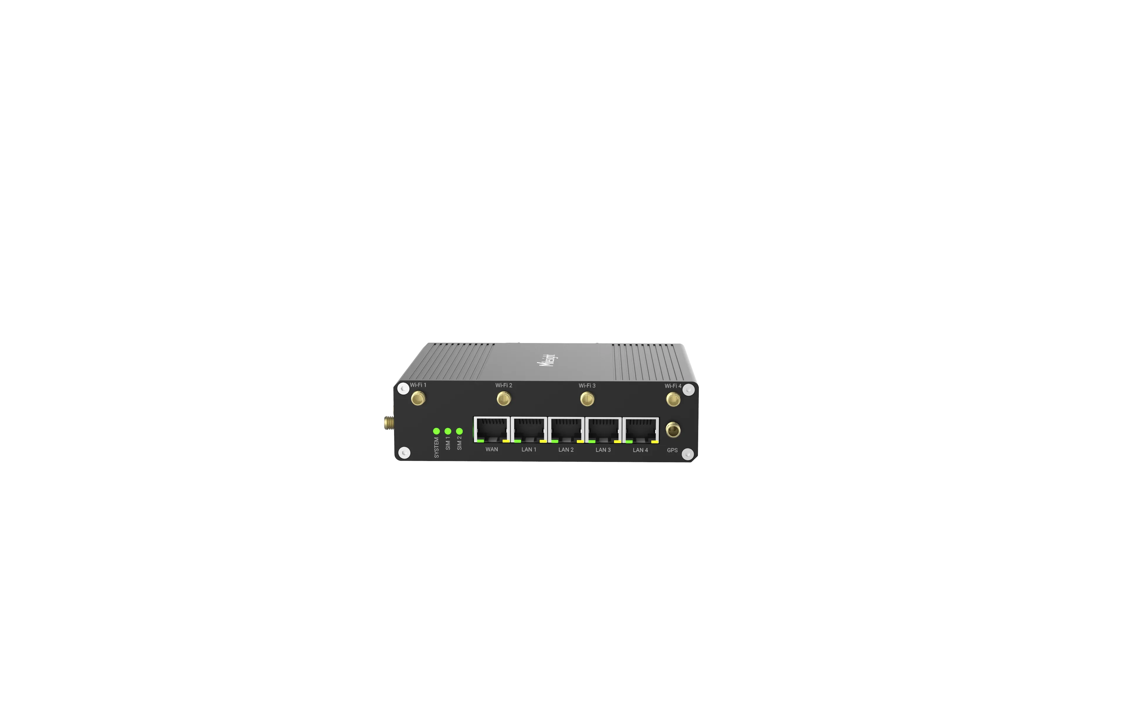 Router Milesight IoT 5G UR75-500GL-G-W en vista frontal con LEDs, puertos Ethernet y conectores de antena para Wi-Fi y GPS. Router Milesight IoT 5G UR75-500GL-G-W en vista frontal con LEDs, puertos Ethernet y conectores de antena para Wi-Fi y GPS.