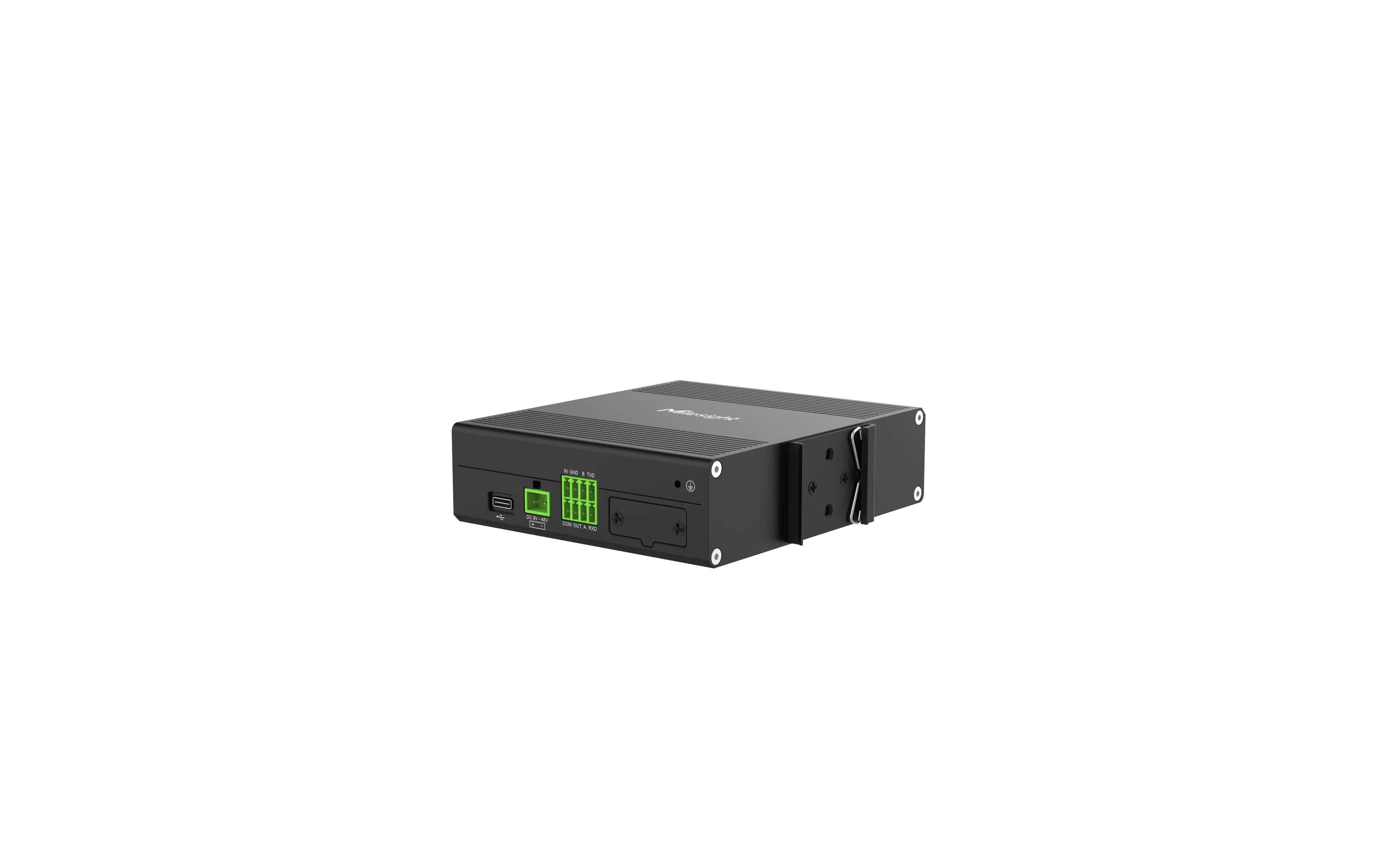 Router industrial Milesight UR75-500GL-G-W en vista superior con puertos USB, terminales verdes, ranura SIM y soporte de Router industrial Milesight UR75-500GL-G-W en vista superior con puertos USB, terminales verdes, ranura SIM y soporte de