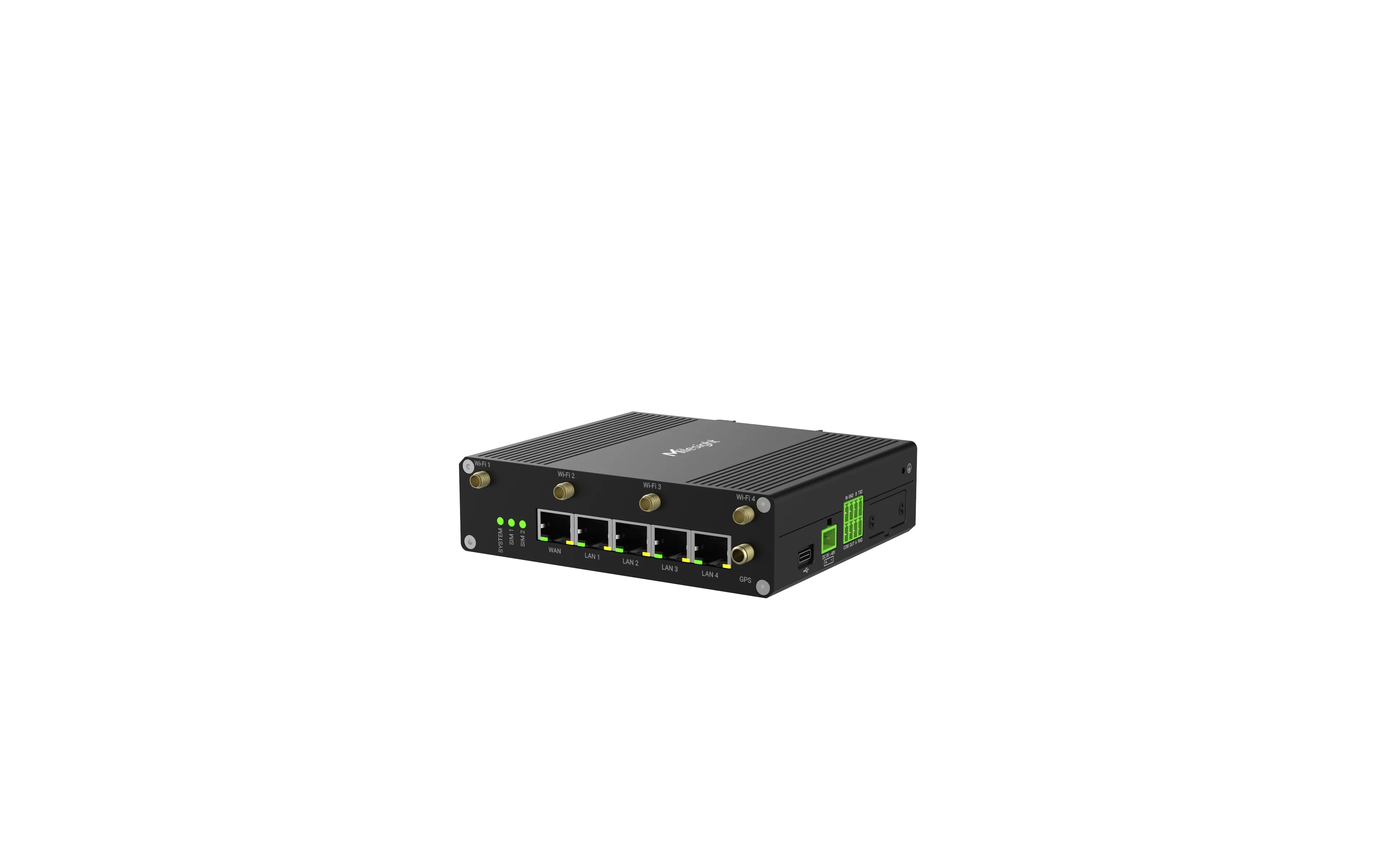 Router Milesight IoT 5G UR75-500GL-G-W en vista superior con logo, conectores de antena Wi-Fi y GPS, puertos Ethernet Router Milesight IoT 5G UR75-500GL-G-W en vista superior con logo, conectores de antena Wi-Fi y GPS, puertos Ethernet