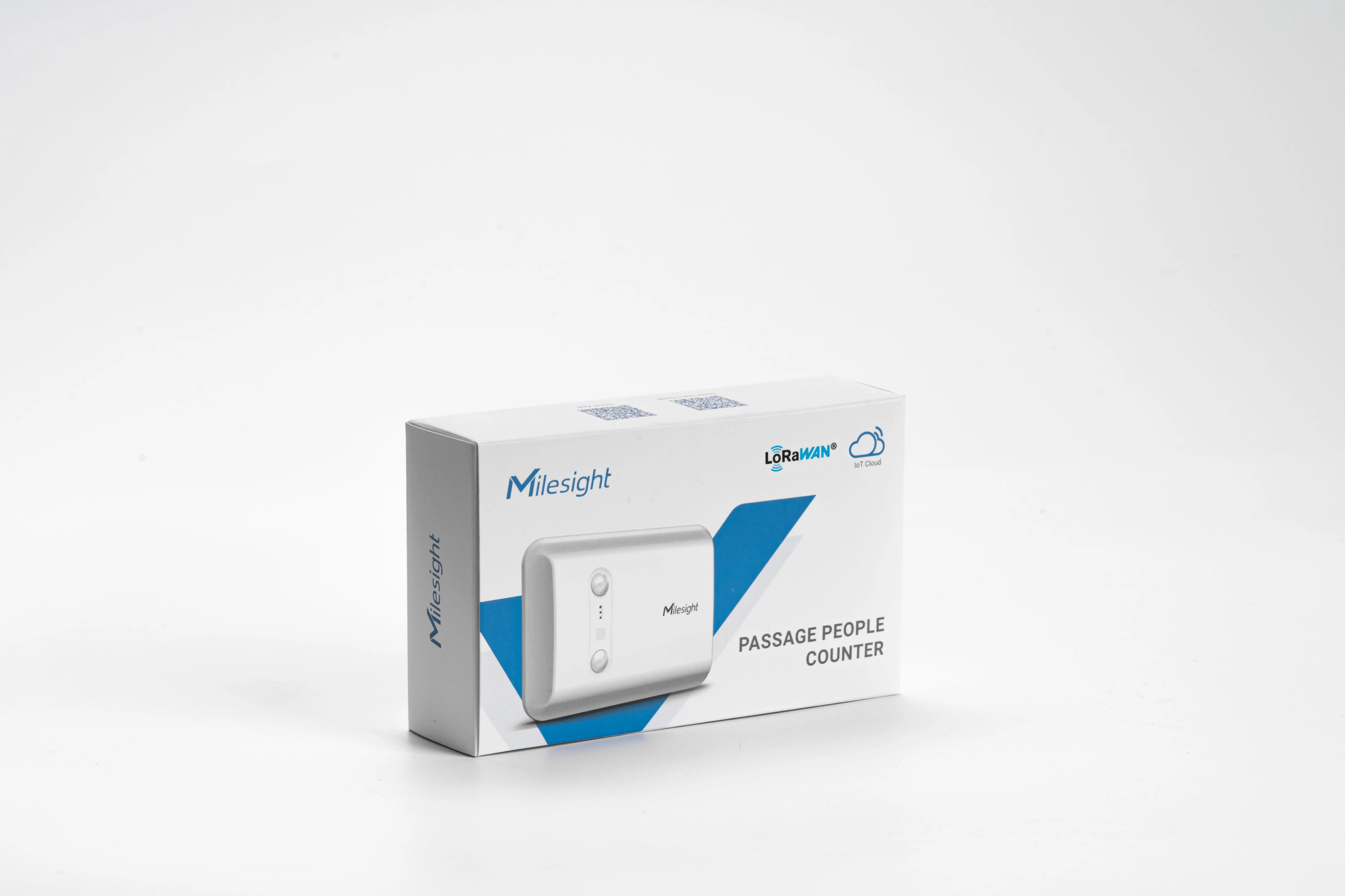 Caja blanca del sensor contador de personas Milesight VS350-868M con logos LoRaWAN e IoT Cloud, mostrando el dispositivo de