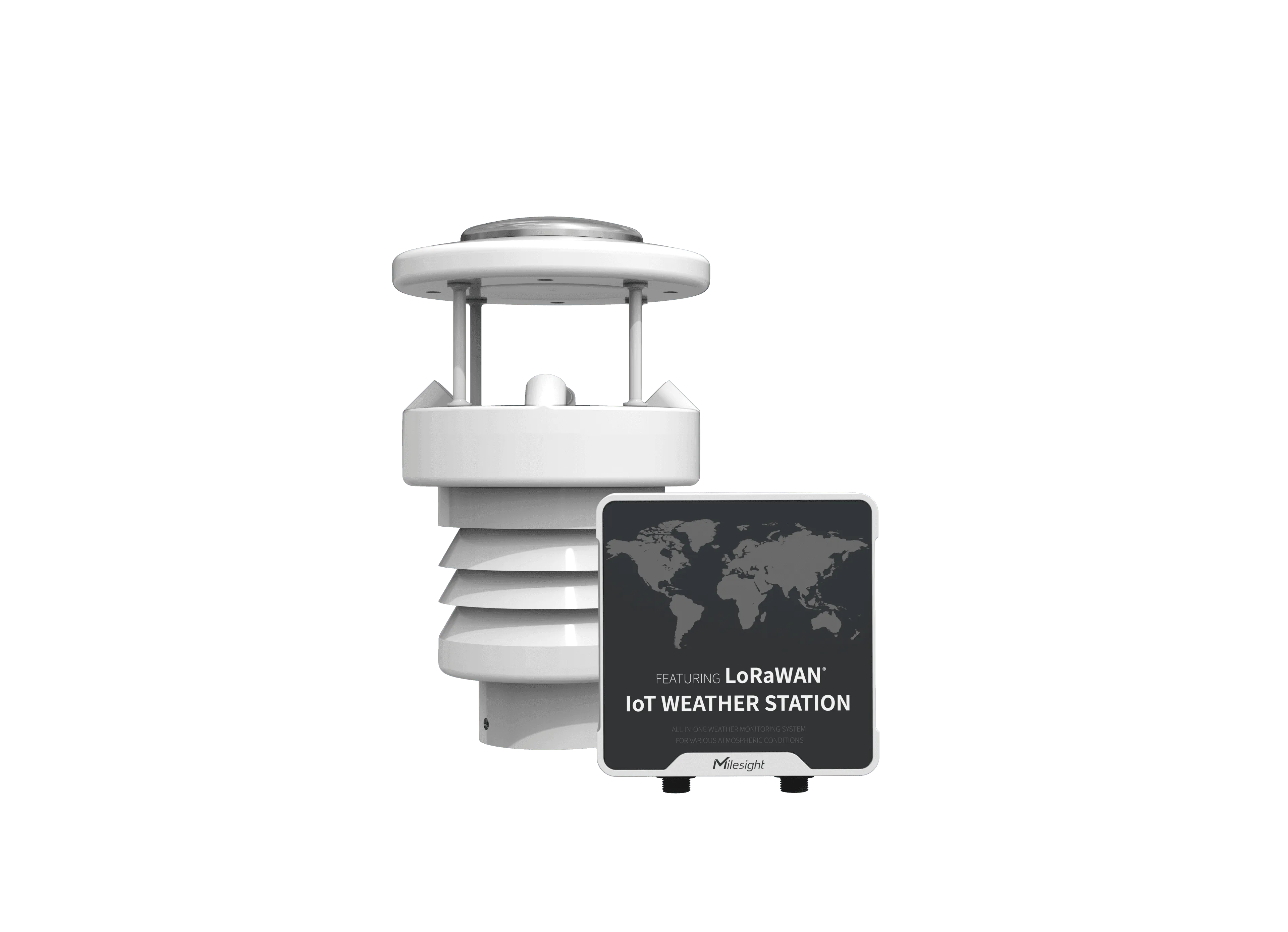 Беспроводная метеостанция Milesight IoT WTS506-868M с датчиками на белом цилиндрическом корпусе на фоне голубого градиента