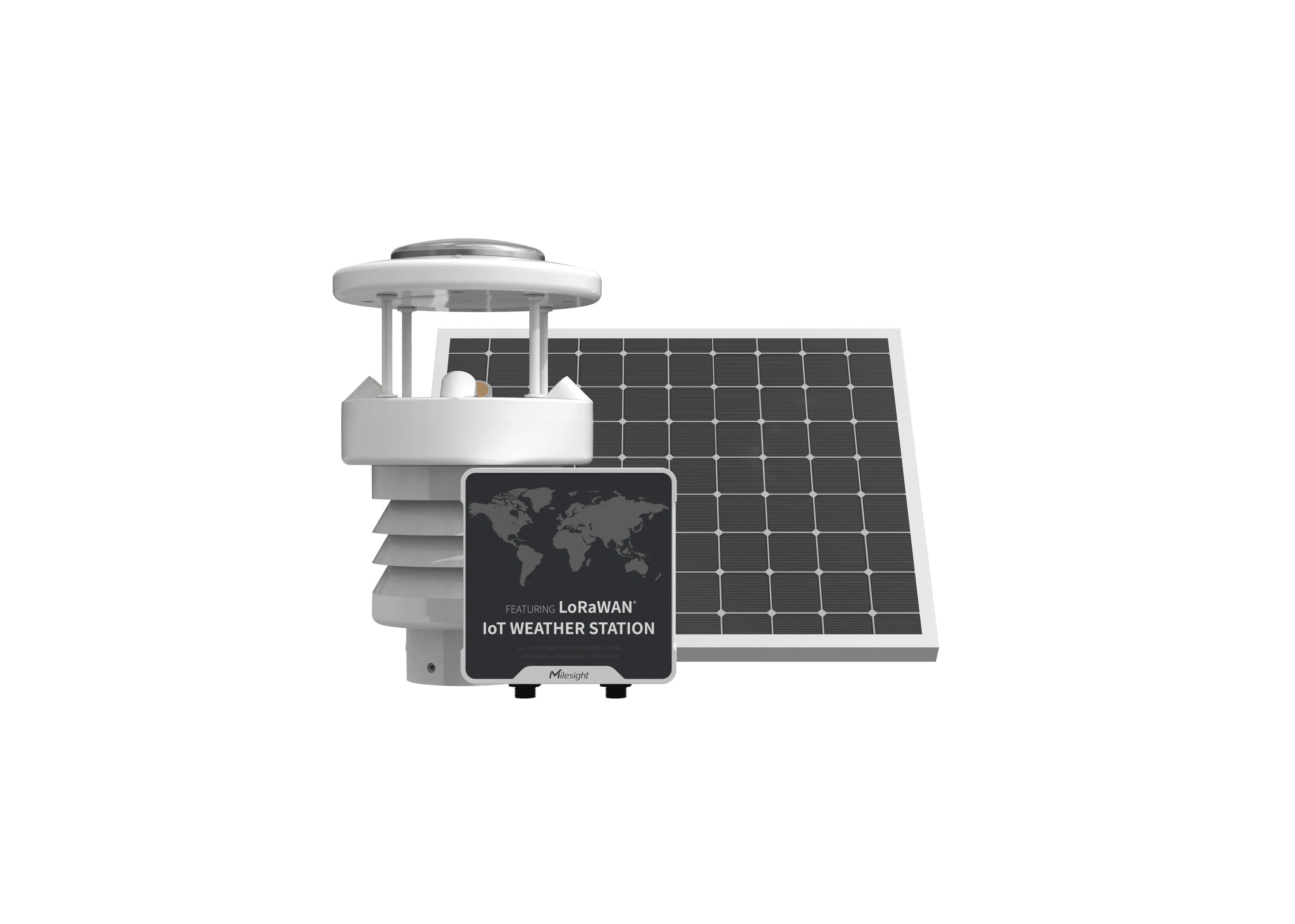 Беспроводная метеостанция Milesight IoT WTS506-868M с солнечной панелью и датчиками на бирюзовом фоне для мониторинга
