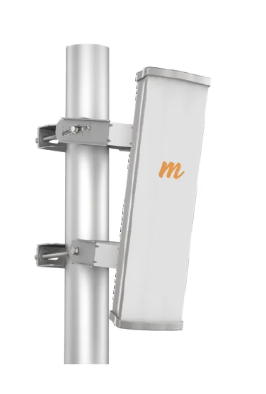 Mimosa N5-45x2 Sector Antenna mounted on a silver pole with metal brackets, featuring an orange m logo and side ventilation Mimosa N5-45x2 Sector Antenna mounted on a silver pole with metal brackets, featuring an orange m logo and side ventilation