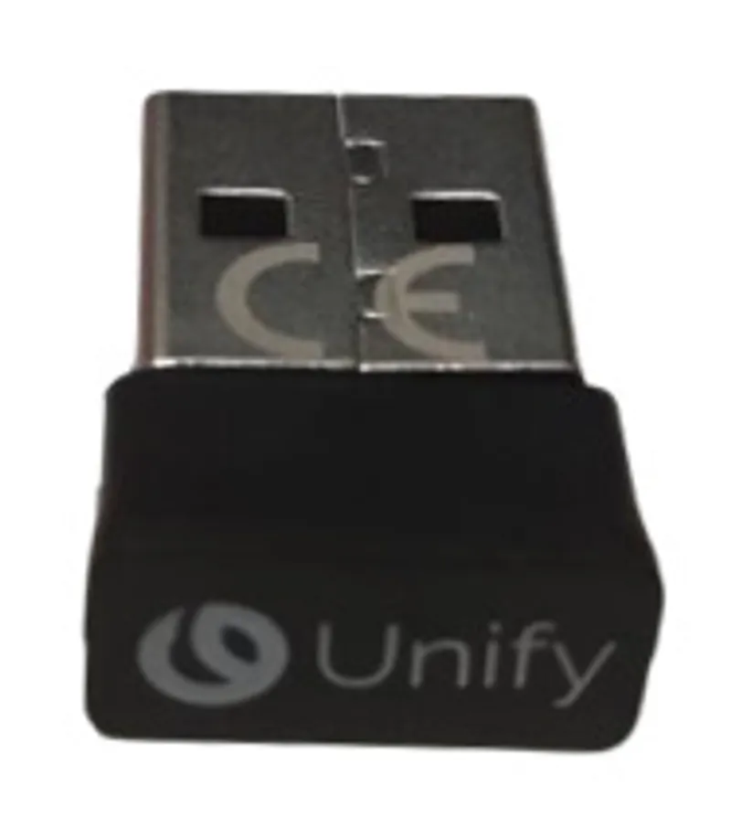 Adattatore USB OpenScape CP10 CUC587 nero con connettore metallico CE e logo Unify per dispositivi di comunicazione.