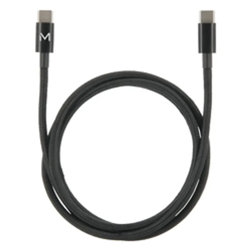 Black USB-C to USB-C charging cable, 1m 100W, coiled in a loop with both ends upright; left connector has a white "M" logo.
